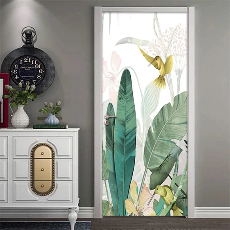 Banana Leaf Flower Bird Door Sticker Mural Waterproof Wallpapers For Living Room Bedroom Home Decoration Photo Wallpaper | Обустройство