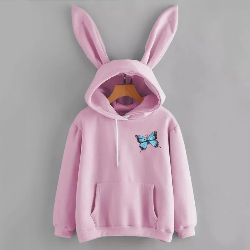 

2021 Autumn Winter Women Hoodies Kawaii Rabbit Ears Fashion Print Hoody Casual Solid Color Sweatshirt Hoodies For Women