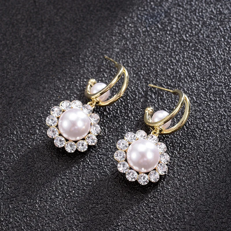 

Dorado Elegant High Quality Round Simulated Pearl Drop Earrings Flower Crystal Brincos For Women Party Wedding Fashion Jewelry