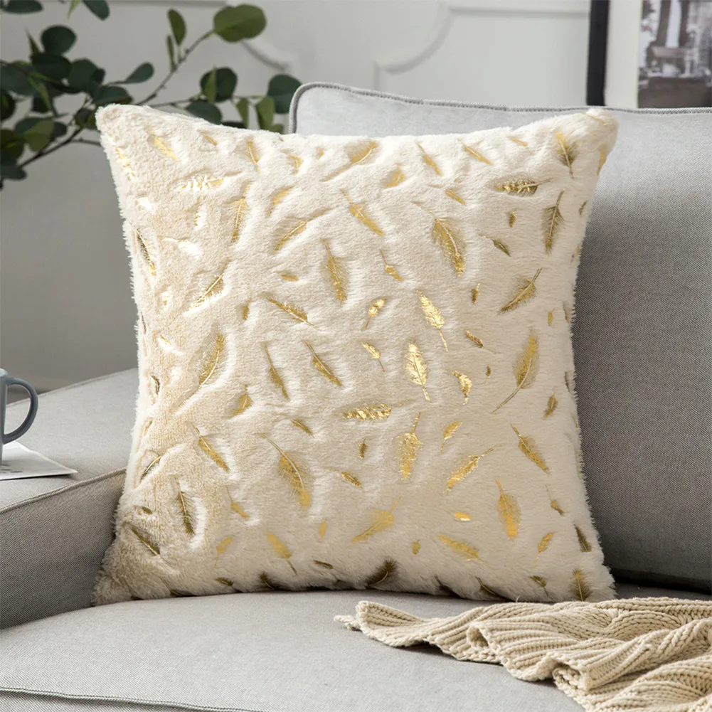 

Fur Decorative Cushion Cover Plush Pillow Case Living Room Decoration Pillowcases Sofa Bed Throw Pillows Gold Bronzing Feather