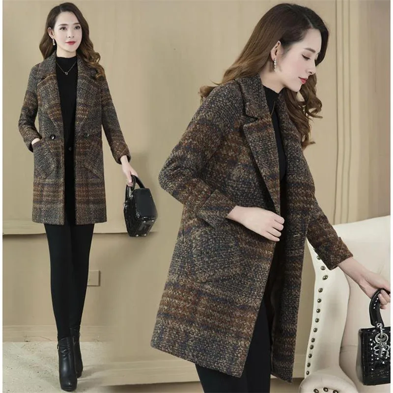 

Plus size 5XL Coat Women 2019 Spring Autumn New Plaid Woolen Jacket Mid-Long Temperament Elegant Wool Coat Overcoat Female AA153