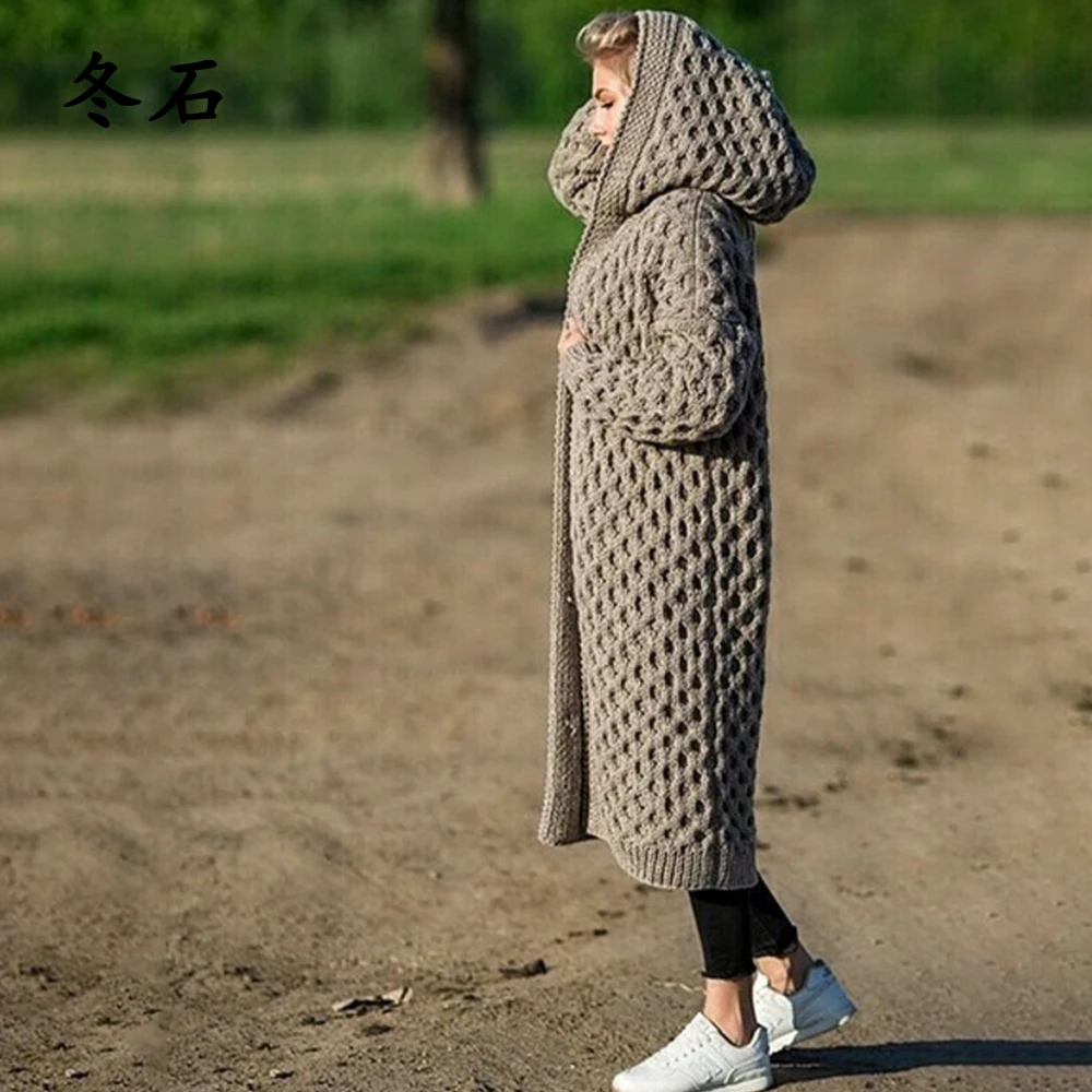 

Women Knitted Cardigan Winter Thick Warm Hooded Long Cardigan Female Long Sleeve Vintage Sweater Outerwear Plus Size 5xl Coats