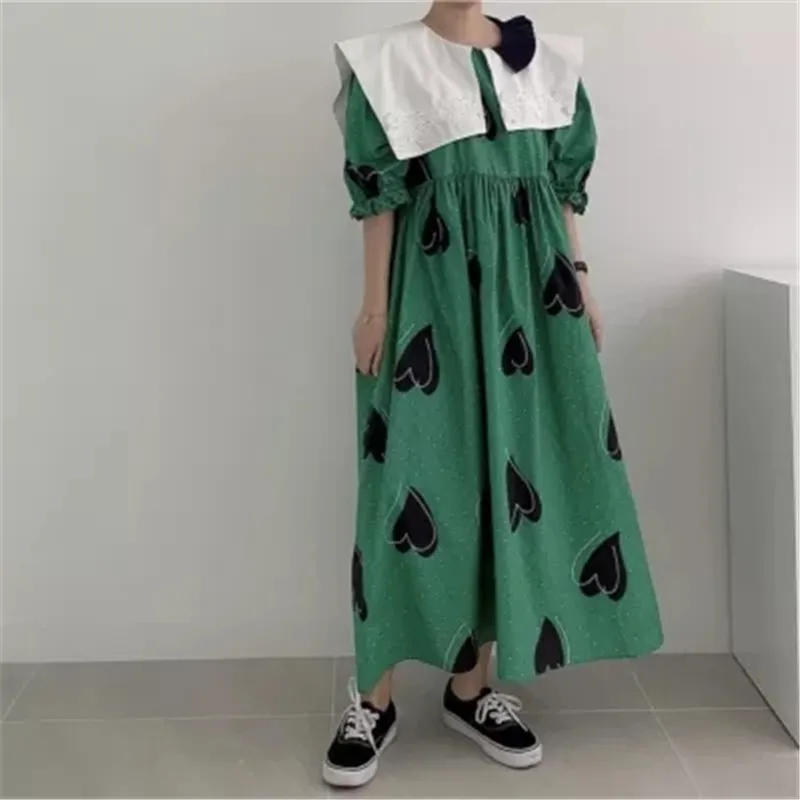 

Lace stitching irregular doll collar elastic waist dress