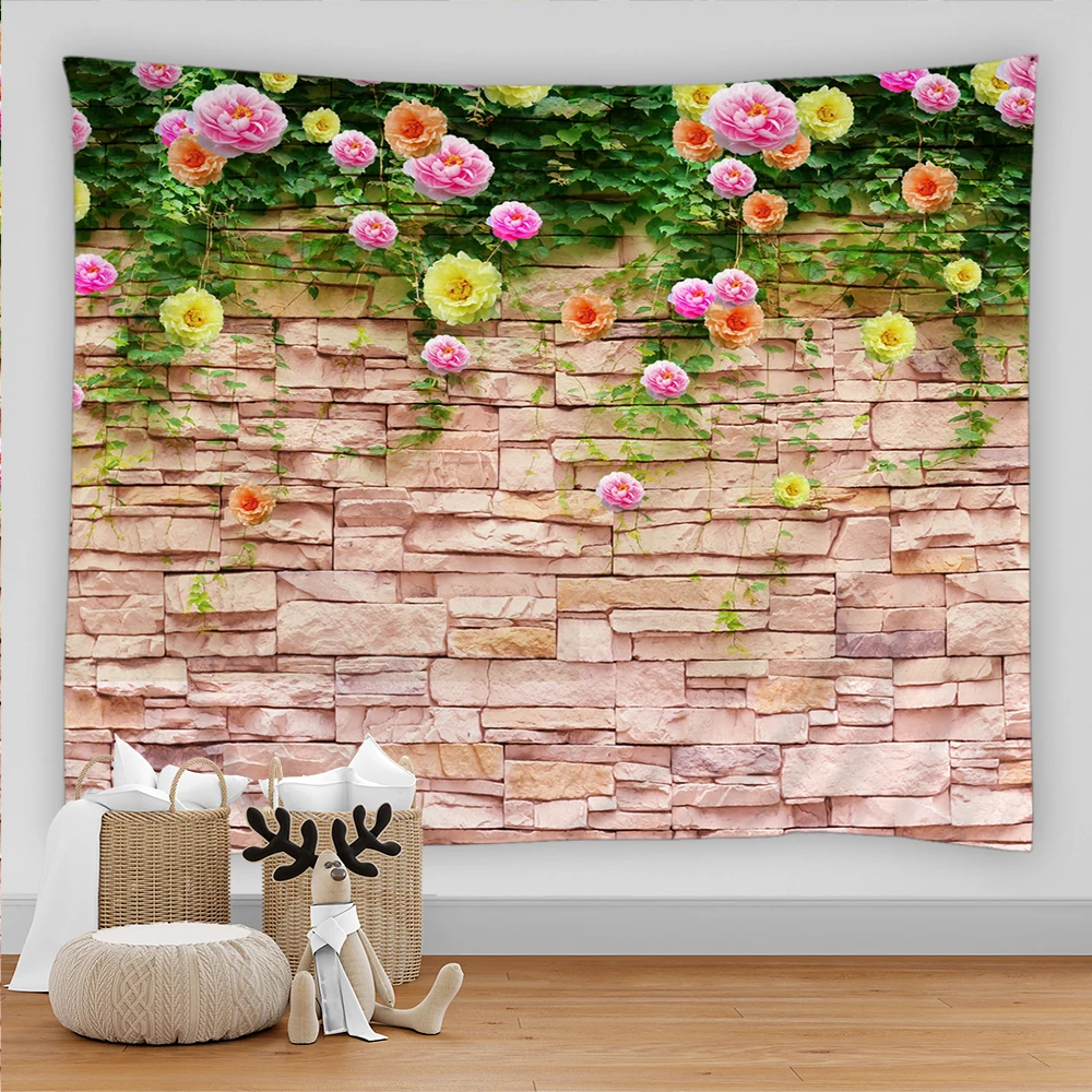 

Plant Flower On Stone Wall Tapestry Wall Hanging Farmhouse Decor Large Size Tapestry Hippie Boho Wall Tapestries Mandala Fabric