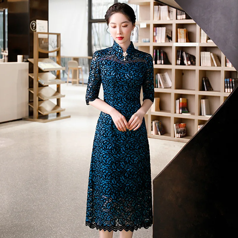 

Женское винтажное платье-Ципао на пуговицах, голубое платье средней длины с рукавом до локтя, большие размеры 3XL 4XL 5XL