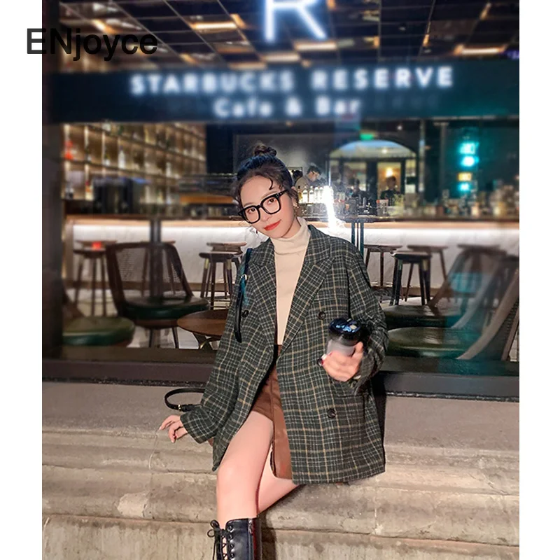 

New 2021 Spring Women Vintage Green Plaid Blazer with Belt Elegant Female Korean Fashion Long Sleeve Suit Outerwear