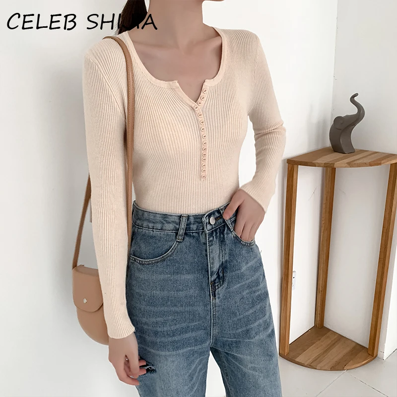 

SHIJIA 2020 V-neck Soft Single-breasted Women Knitted Sweater Slim Long Sleeve Elastic Female Pullover Jumpers Top Autumn Winter