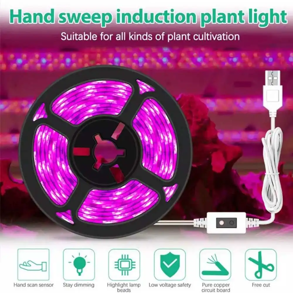 

Светодиодная лента полного спектра для выращивания растений, водонепроницаемый светильник IP65 для посадки, зарядка через USB, сенсор ручного ...