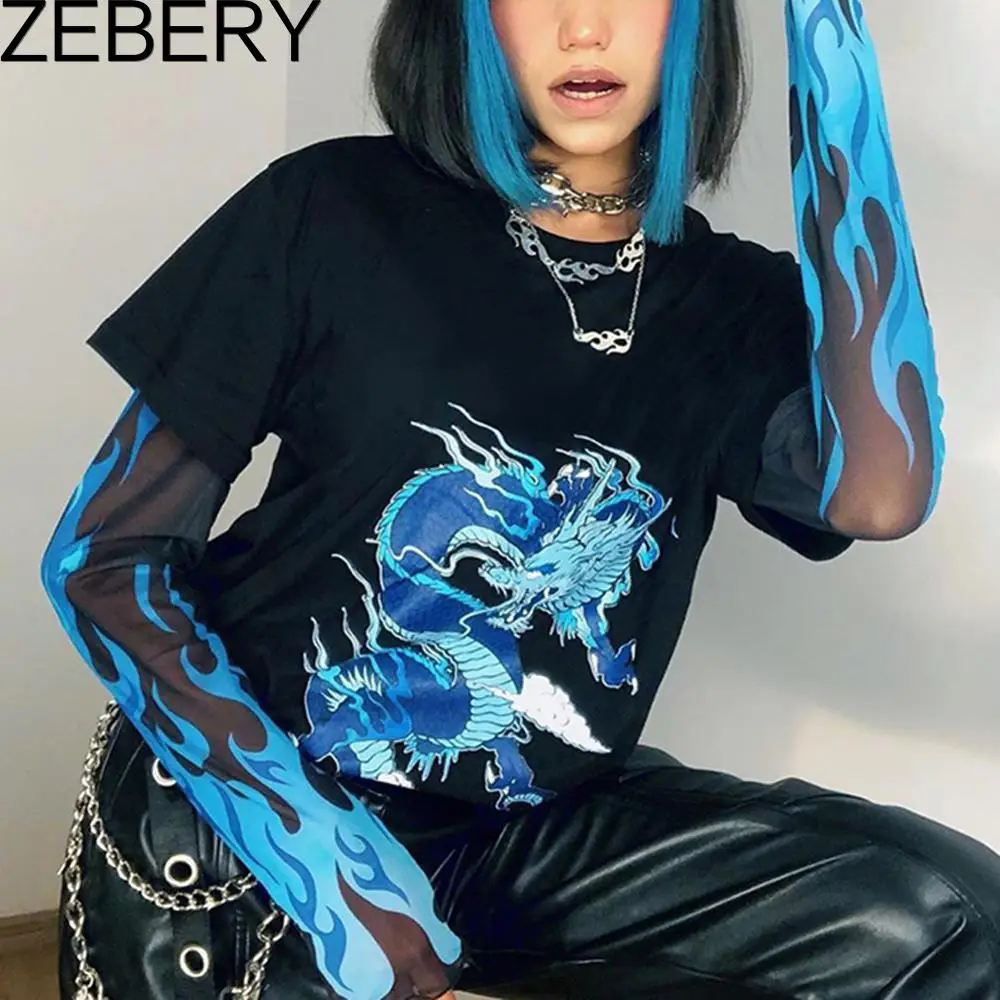 Женская футболка в стиле Харадзюку ZEBERY Fire Flame черная с длинным рукавом пэчворк Y2K
