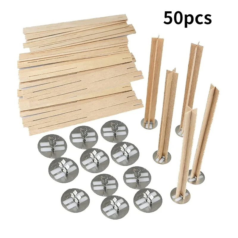 Mechas de vela de madera cruzadas de 50 piezas, n&uacute;cleo de velas de madera para bricolaje, n&uacute;cleos naturales con Base de Metal, fabricaci&oacute;n de velas artesanales-0