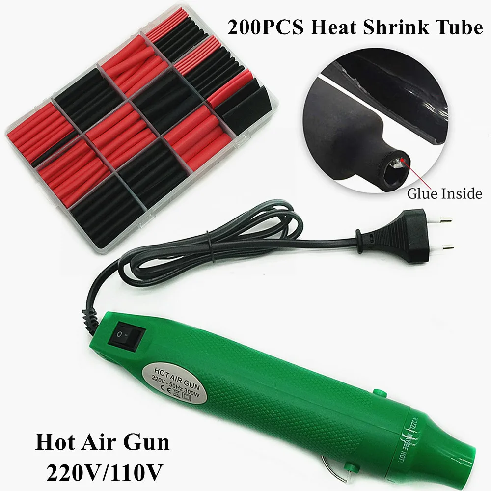 

Green 220/110V Heat Air Gun and 200PCS Polyolefin Heat Shrink Tube Assorted Insulation Shrinkable Tube 3:1 Wire Cable Sleeve Kit