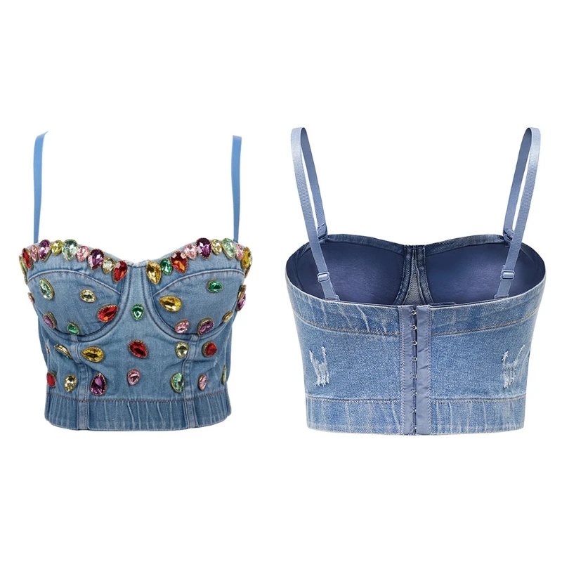 

Женский Цветной джинсовый бюстье с бриллиантами бюстгальтер короткий топ роскошные ювелирные изделия Джинсовый корсет Camisole на бретелях Кл...