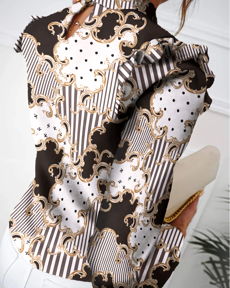 

JCHB 2021 Colorblock Frill Hem Hollow Out Long Sleeve Top Women's Printed Top Plus Size Spring and Autumn New