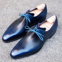 blue men pointed spring and autumn low heel fashion lace up pu leather classic casual and comfortable party dress shoes kg703