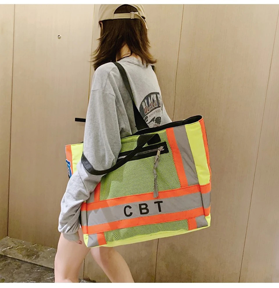Women Large Capacity Tote Bags Neon Green Street Handbag Reflective Shoulder Korean Style Girl Trend Fashion Shopping | Багаж и сумки