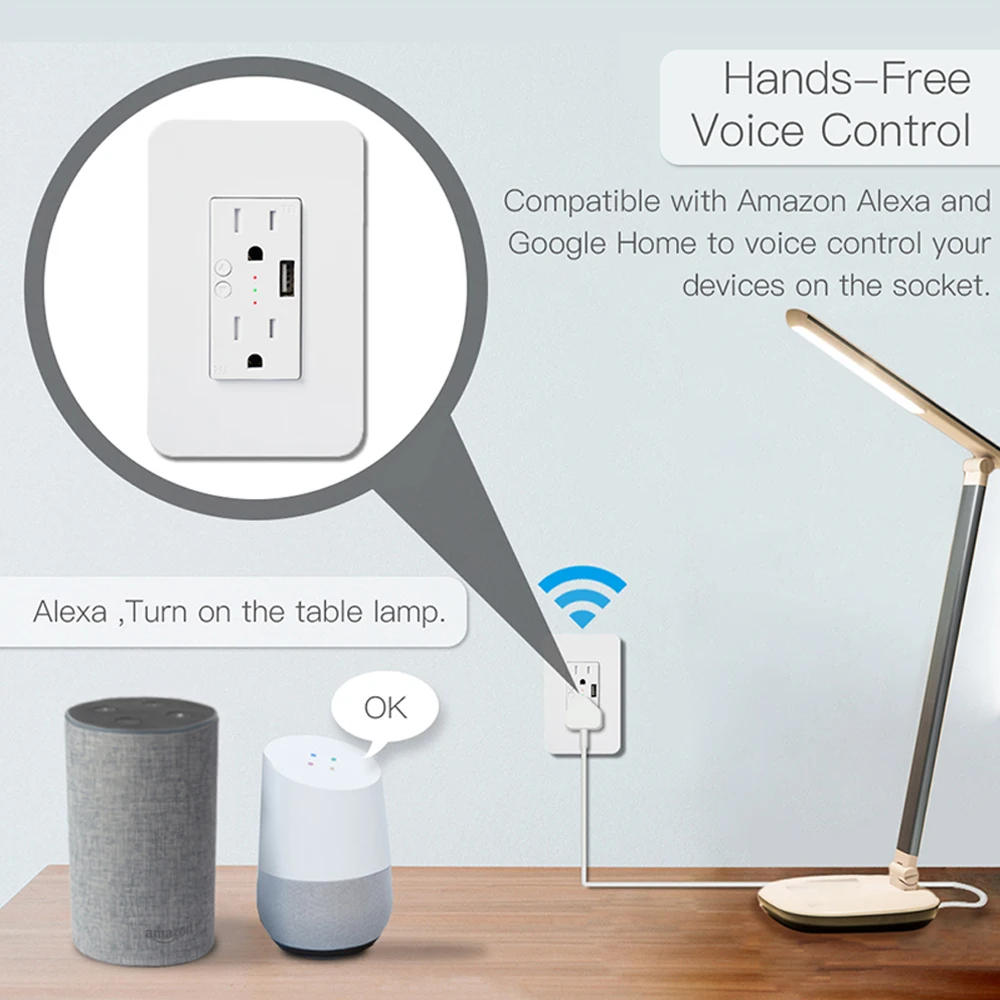 Wi-Fi Smart Wall Power Outlets Plug с 2 USB разъемами Life/Tuya APP дистанционное управление в любом