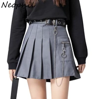 neophil 2022 spring black pleated mini skirts chain belt girl gothic preppy style belted short skirt women e girl outfit s21748
