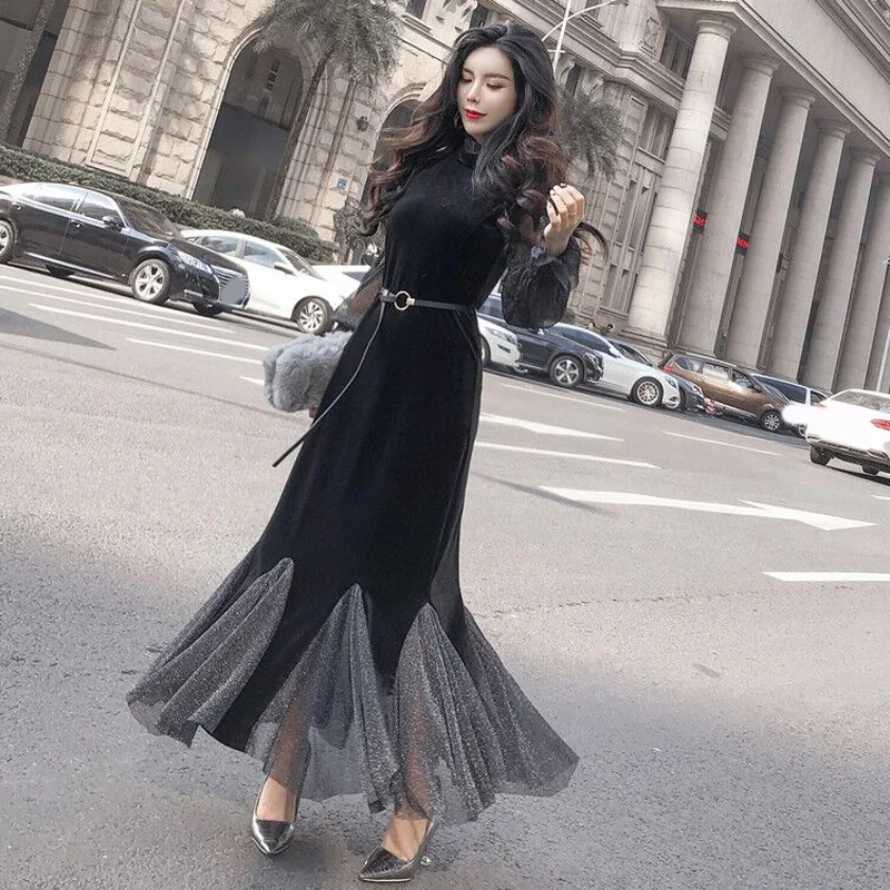 Женское бархатное длинное платье с длинным рукавом плиссированное черное поясом