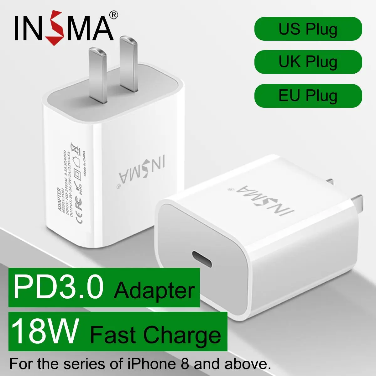 Зарядное устройство INSMA с поддержкой быстрой зарядки 4 0 3 QC PD 18 Вт зарядное QC4.0 QC3.0