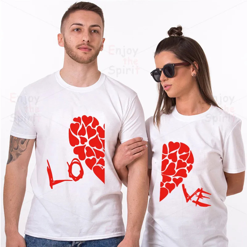 EnjoytheSpirit, новинка, летние забавные парные футболки, наполовину красное сердце, любовь, печать, хлопок, круглый вырез, футболки, крутая, короткий рукав, парная одежда