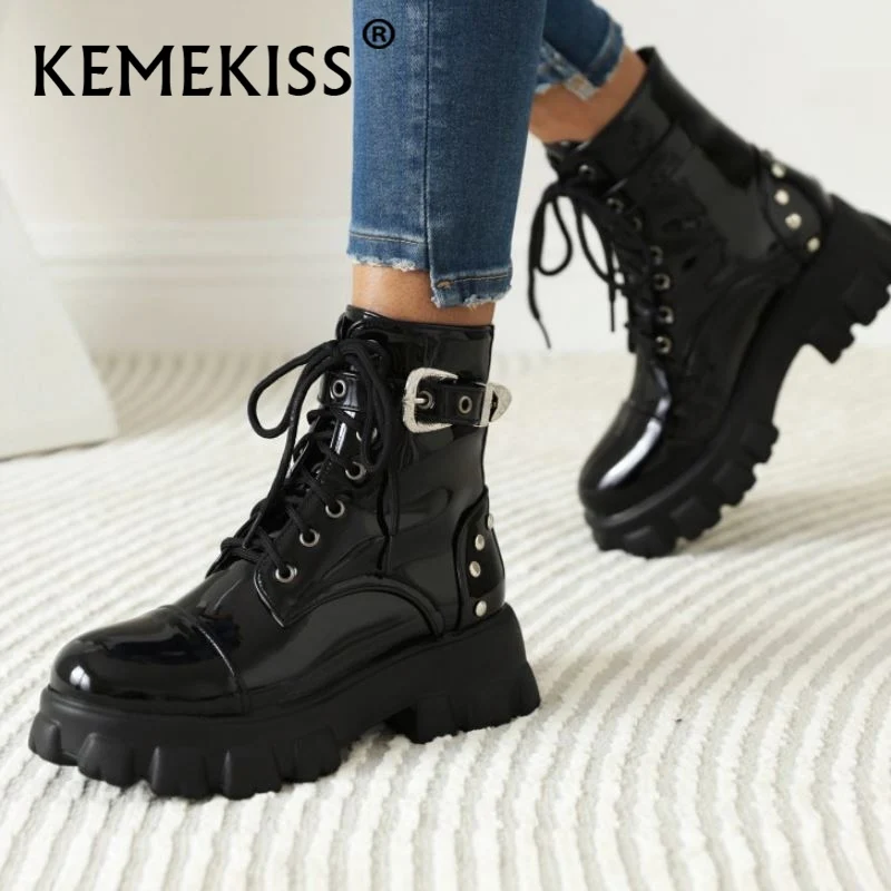 

KemeKiss Size 31-43 Women Shoes Ankle Boots Thick Heels Buckle Rivets Lace Up Winter Short Boot Cool Punk Style Ladies Footwear