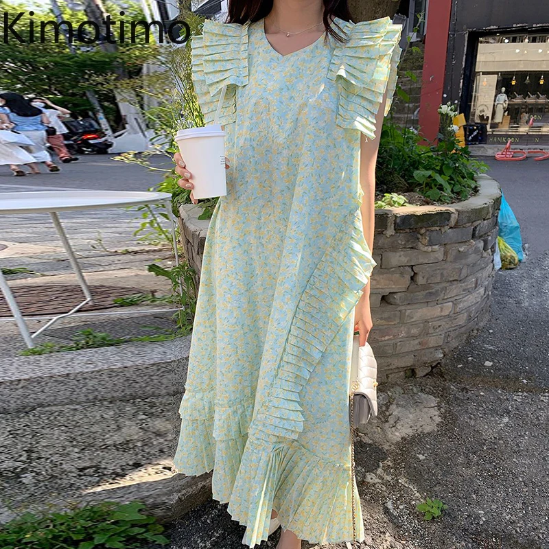 

Платье Kimotimo женское с цветочным принтом, шикарное асимметричное Длинное свободное в Корейском стиле с V-образным вырезом, в стиле пэчворк