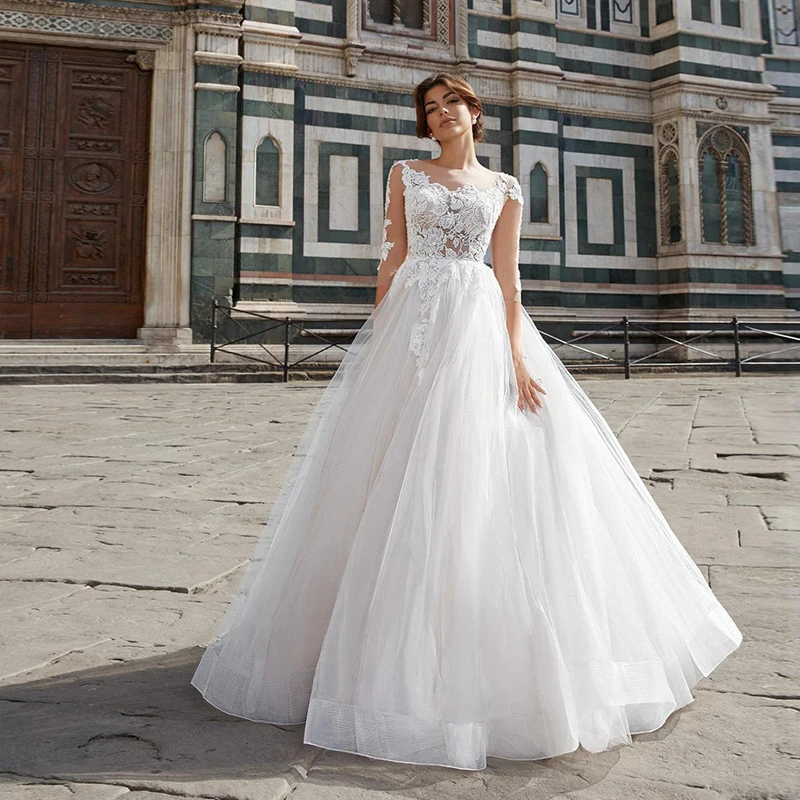 

Thinyfull 2021 Принцесса Свадебные платья с рукавами кружева иллюзия аппликации пляж Mariage платья Vestidos De Novia