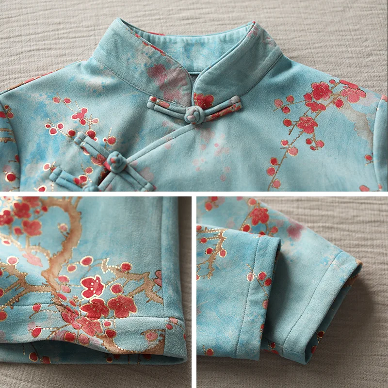 

LZJN 2021 New Women Floral Print Dress Chinese Cheongsam Dresses Double-Layer Faux Suede Casual Spring Autumn Dress