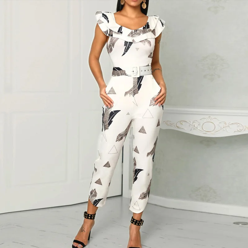 2019 Summer Holiday Jumpsuit Ruffles Beige Floral Print Ankle Length Pants Women MF936 | Женская одежда