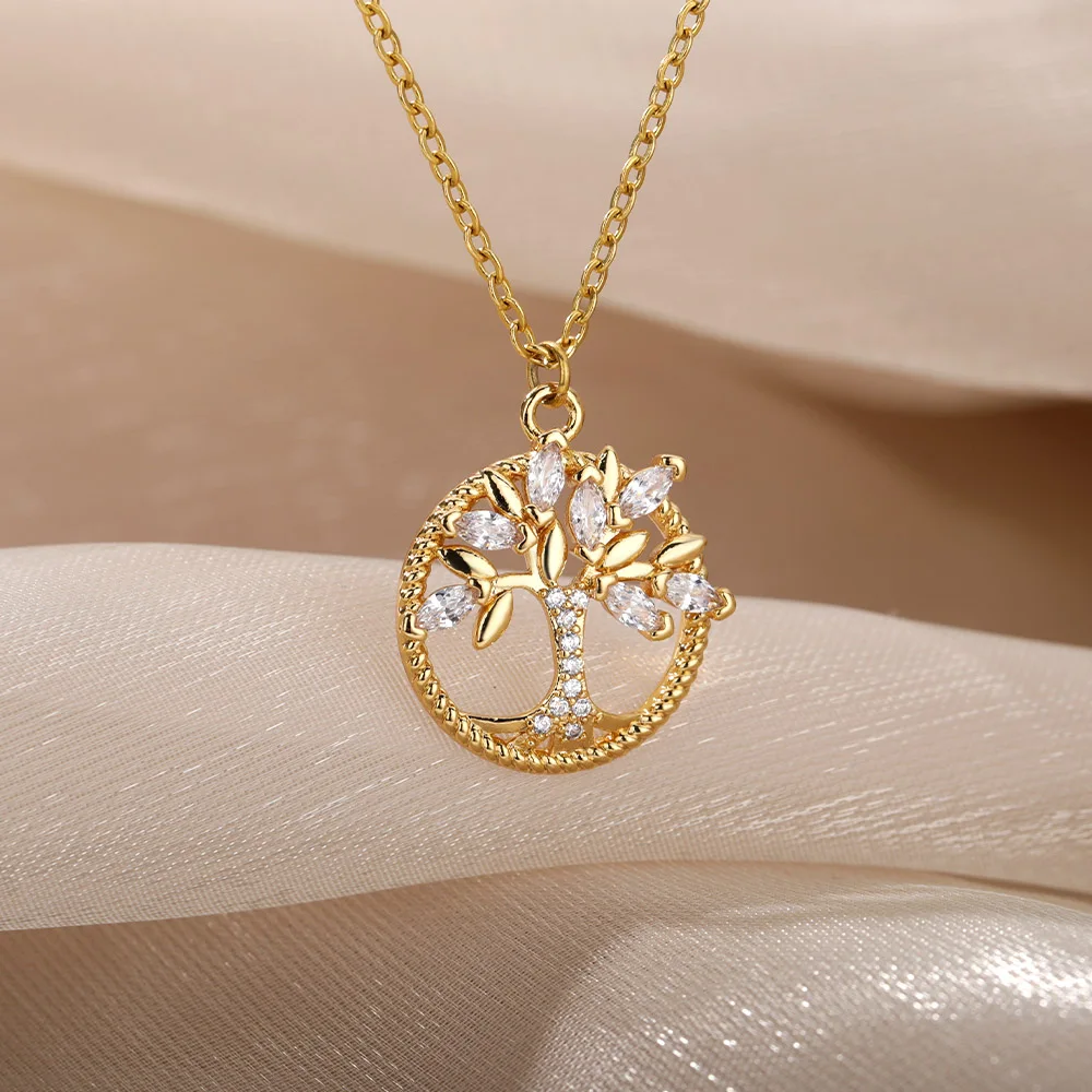 

Tree Crystal Necklace For Women Stainless Steel Clavicle Chains Pendant Choker Necklace Aesthetic Jewelry Accessoires