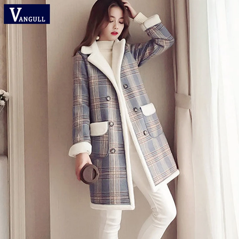 Vangull/женские бархатные куртки, пальто, зимняя двубортная верхняя одежда в клетку, новинка года, повседневные теплые толстые шерстяные длинные пальто с длинным рукавом