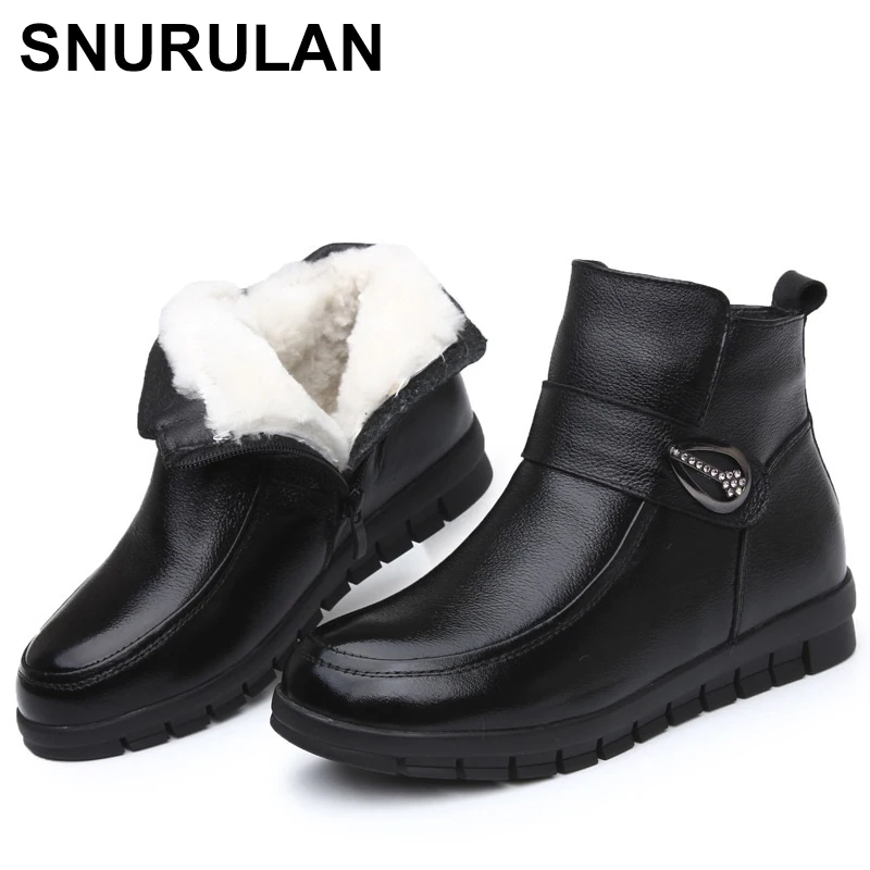 

SNURULAN 2019 New Winter Women Flat Boots Women Woolen Boots Warm Winter Boots Genuine Leather Mom Shoes Soft Sole