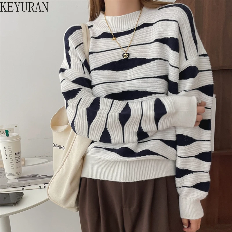 

2021 Autumn Winter Women Knitted Sweater Striped Pullover All-match Basics Long Sleeve Round Neck Plus Size Knitting Jumper Tops