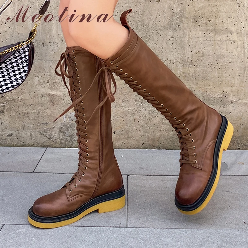 Meotina/Женские ботинки в байкерском стиле Сапоги до колена из натуральной кожи на