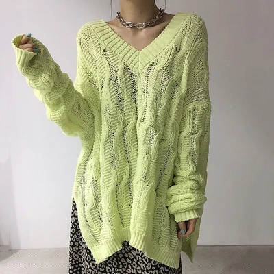 

Женский вязаный свитер SHIJIA, зеленый плотный теплый свободный свитер с V-образным вырезом и длинными рукавами, трикотажный джемпер для осени,...