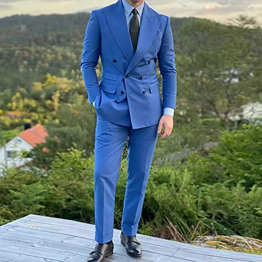 

Spring/Autumn Blue Smoking Business Suits For Men's Blazers Double Breasted Jacket With Pants 2 Pieces Set Tuxedos Slim Fit 2021