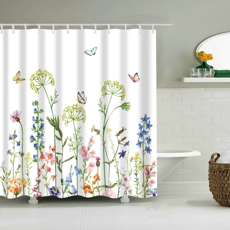 

Little Flowers and Butterflies Shower Curtain Set with 12 Hooks Natural Plants Bathroom Decoration Washable Polyester Fabric