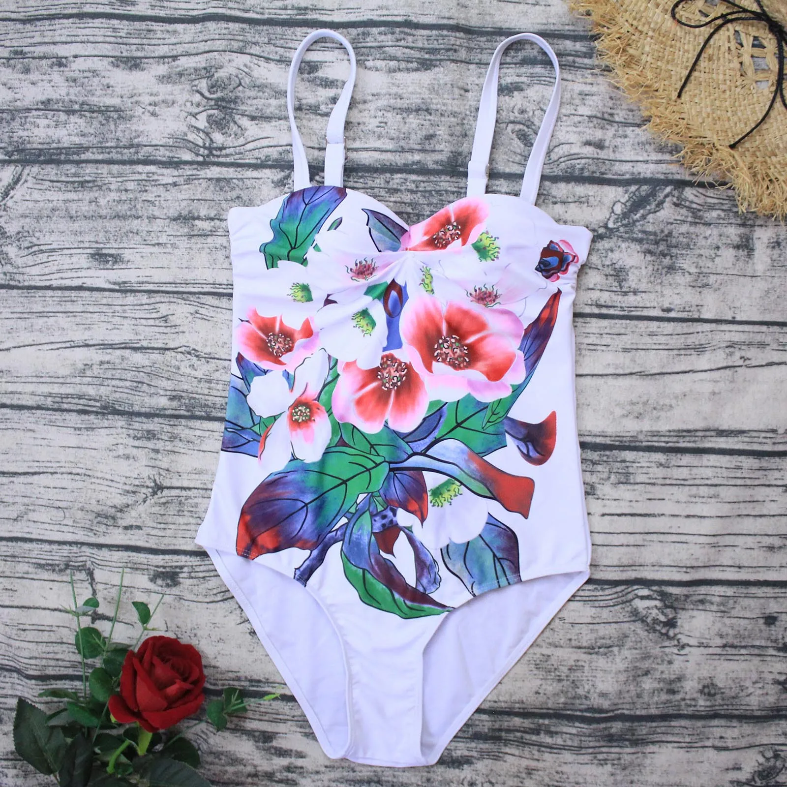 

One Piece Floral Print Ladies Sexy Push Up Bikinis Set Swimwear Women Swimsuit Lower Waist Halter Biquini Cross Back Bikini