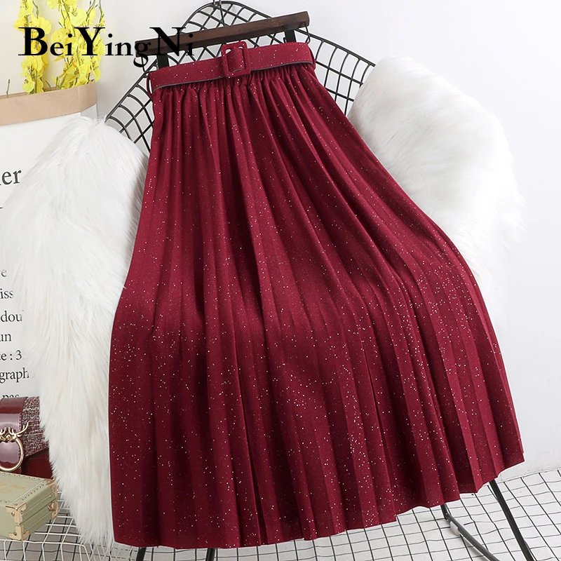 

Beiyingni Women's Pleated Skirts Black Pink Shining Street Slim High Waist Skirt With Belt Vintage Kawaii Skirt for Girls Faldas