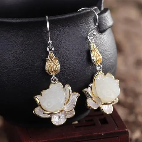 

Hetian Jade Lotus Earrings Women's S925 Sterling Silver Eardrop Ethnic Style Personalized Fashion Jade Ear Hook Jewelry