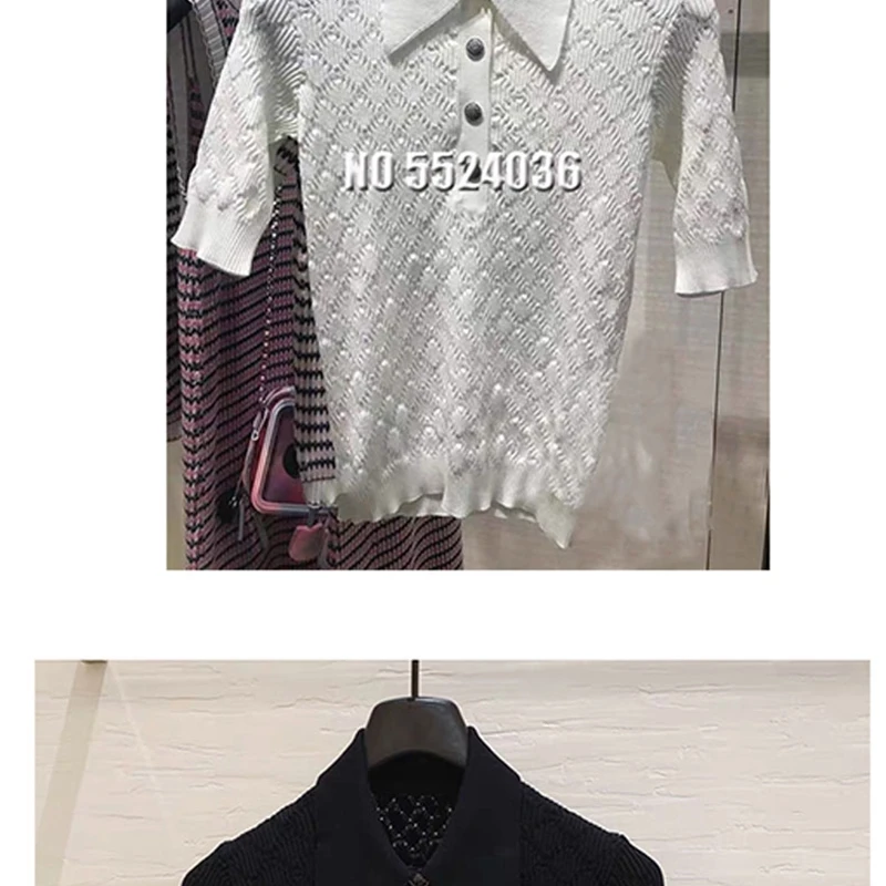 

Summer Button 2020 Knitted Sweater Pullovers Turndown Collar Hollow Out Sweater Women Short Sleeve White Black Female