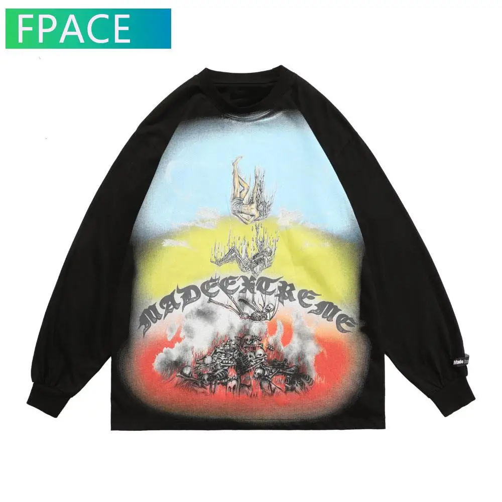 

FPACE Oversized Tee Shirts Hip Hop Angel Skull Print Long Sleeve Tshirts Streetwear Harajuku Casual Punk Rock Gothic Tops