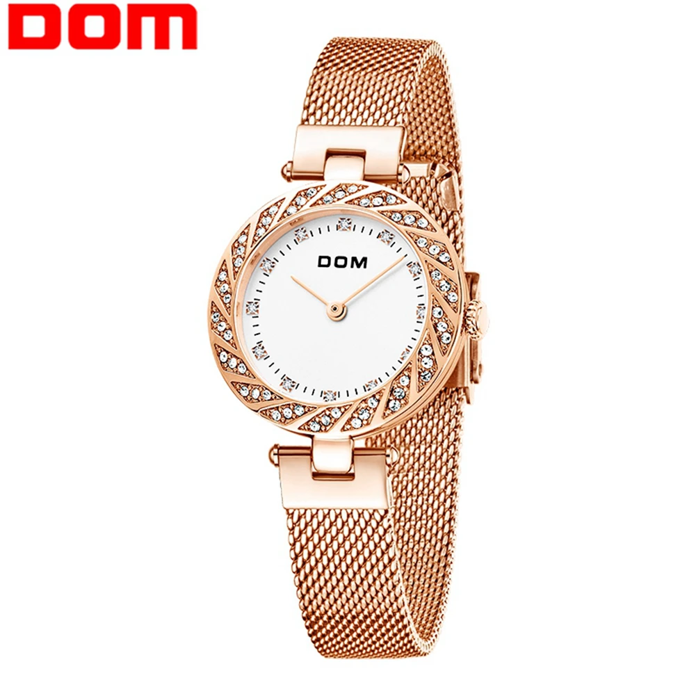 

DOM Brand Luxury Crystal Watch Women Rose Gold Steel Strap Ladies Wrist Watches Clock Female