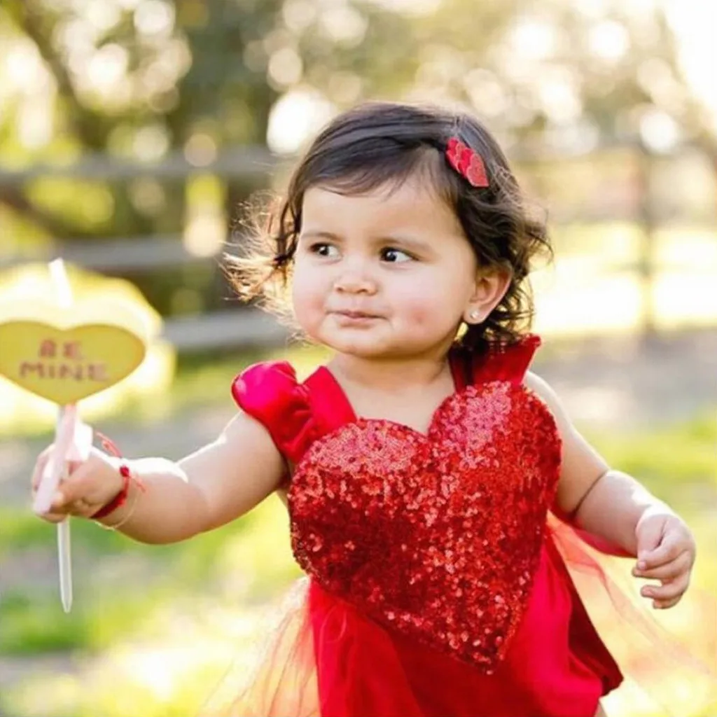 

New Fashion 2020 Kids Girls Valentine's Day Heart Ruffle Sequin Tulle Princess Dress