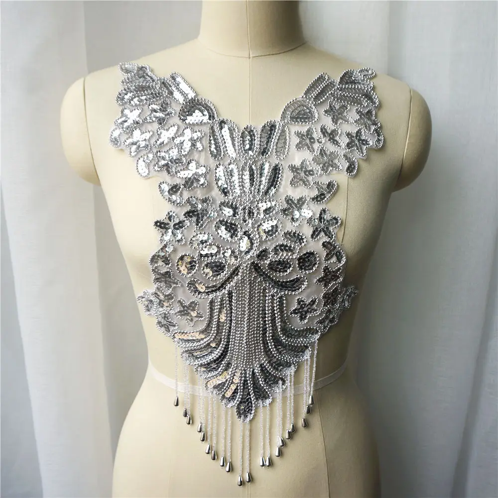 Золотой серебряный синий блесток кружевной ткани с бусинами кисточка свадебное