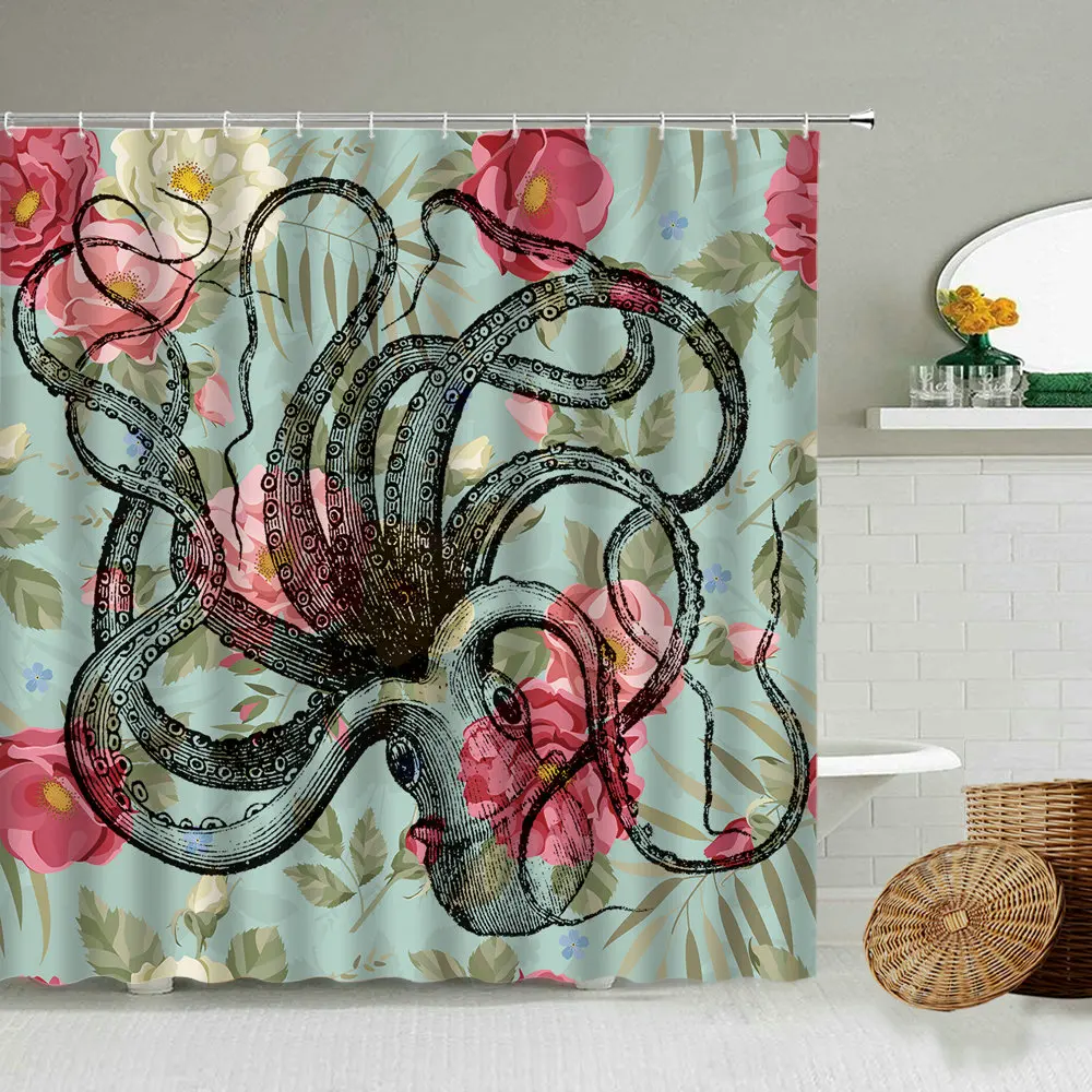

Octopus Pattern Shower Curtain Marine Animal Color Floral Background Design Bathroom Waterproof Polyester screen Home Decoration