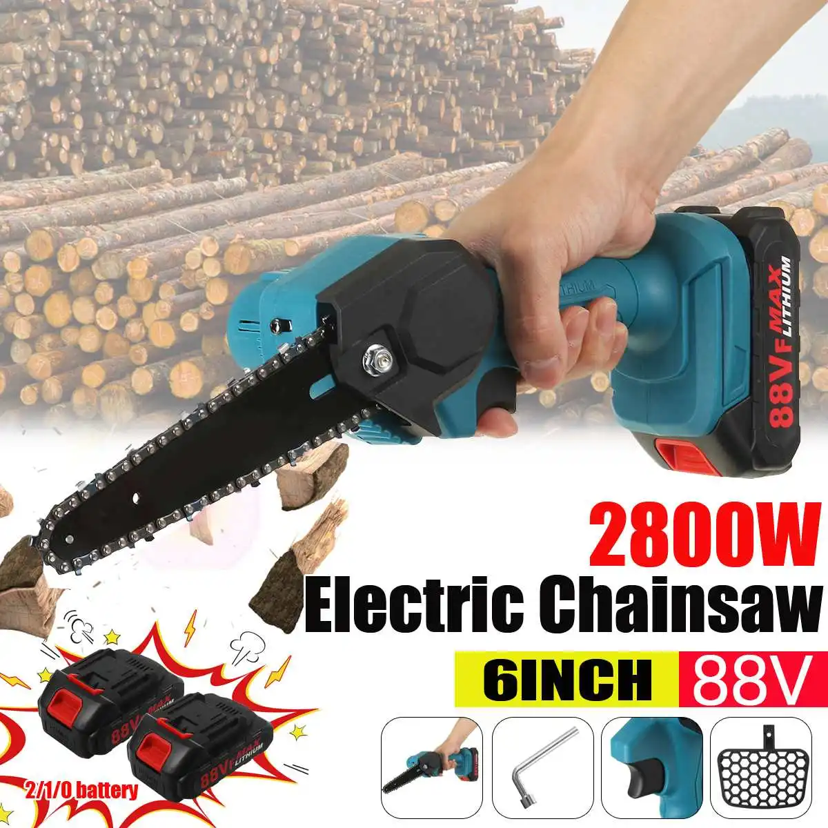 

6 Inch 2800W Electric Chain Saw 88V With Battery Pruning ChainSaw Cordless Garden Logging Saw Woodworking Cutter Power Tools