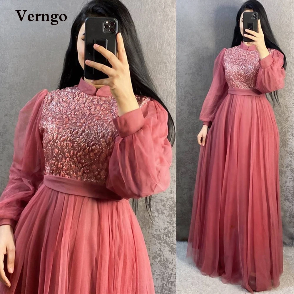 

Verngo Blush Pink Tulle A Line Prom Dresses Modest High Neck Puff Long Sleeves Evening Gowns Saudi Arabic Women Formal Dress