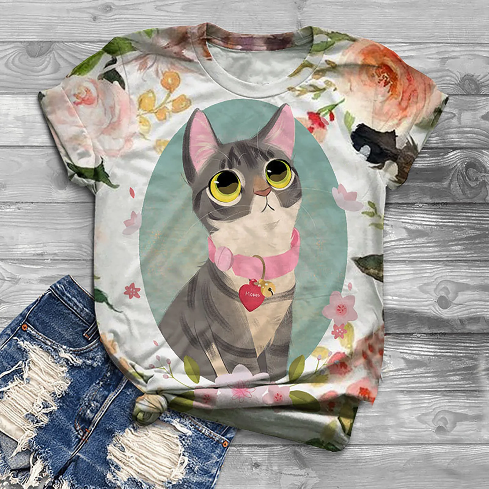 

Harajuku футболка топы для девочек летнее модное платье с О-образным вырезом футболка с короткими рукавами и принтом в виде милых кошек размера ...