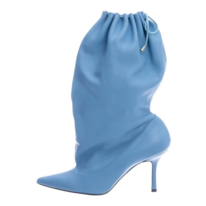 

2022Autumn And Winter New Pointed Solid Color Thin High-Heeled Women's Boots Fashion Lantern Boots Drawstring Middle Tube Boots